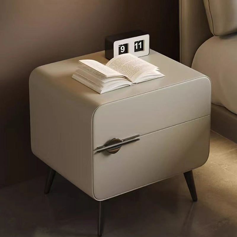 Contemporary Scandinavian Microfiber Leather Carbon Steel Solid Wood Metal Rounded Square Cylindrical Nightstand With 2 Drawers For Bedroom