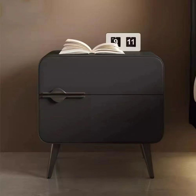 Contemporary Scandinavian Microfiber Leather Carbon Steel Solid Wood Metal Rounded Square Cylindrical Nightstand With 2 Drawers For Bedroom