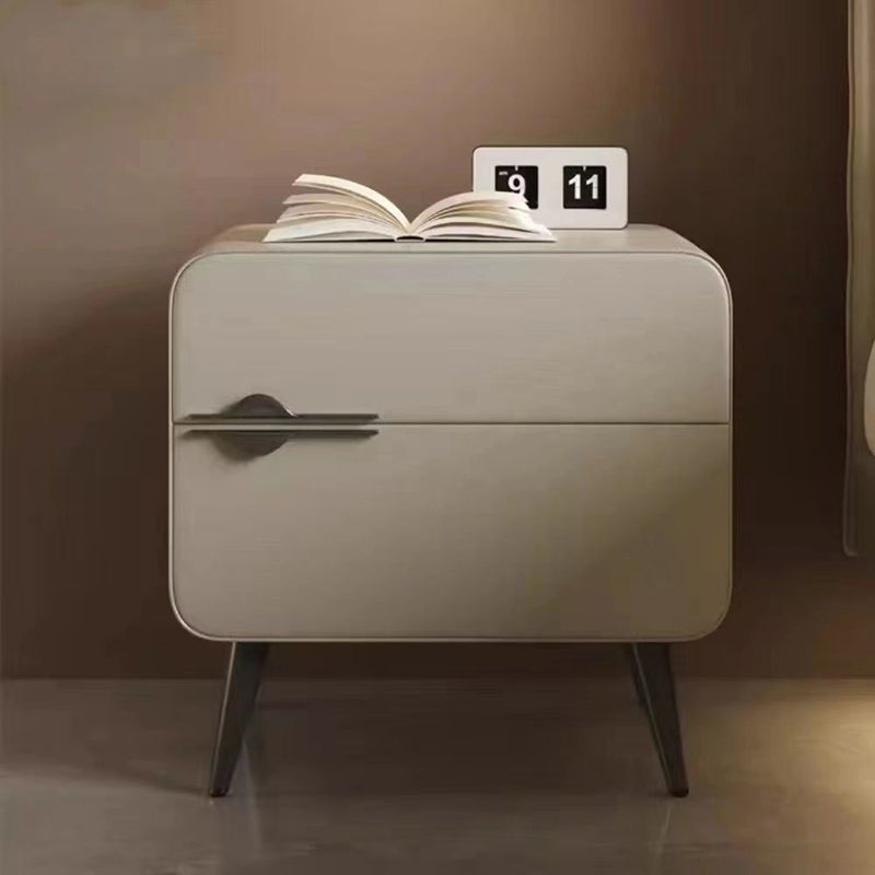 Contemporary Scandinavian Microfiber Leather Carbon Steel Solid Wood Metal Rounded Square Cylindrical Nightstand With 2 Drawers For Bedroom