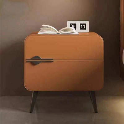 Contemporary Scandinavian Microfiber Leather Carbon Steel Solid Wood Metal Rounded Square Cylindrical Nightstand With 2 Drawers For Bedroom