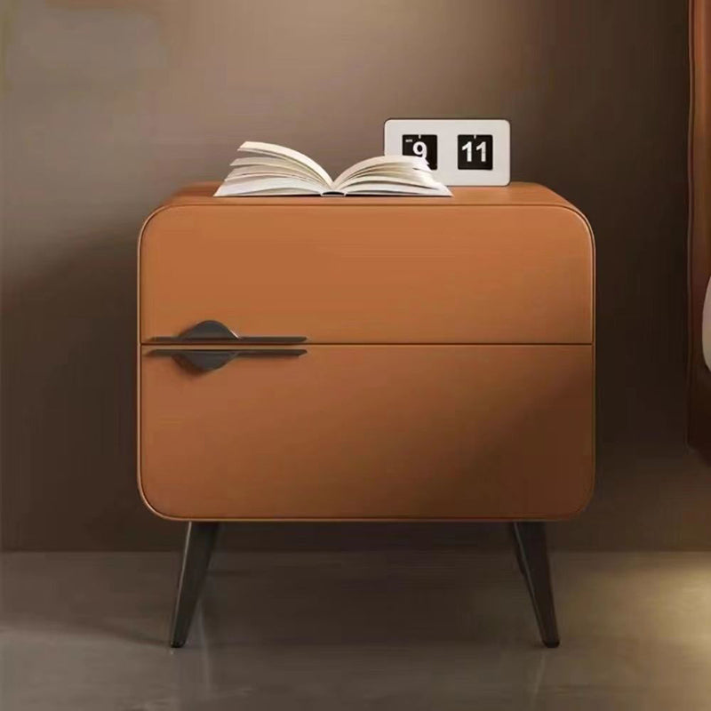 Contemporary Scandinavian Microfiber Leather Carbon Steel Solid Wood Metal Rounded Square Cylindrical Nightstand With 2 Drawers For Bedroom