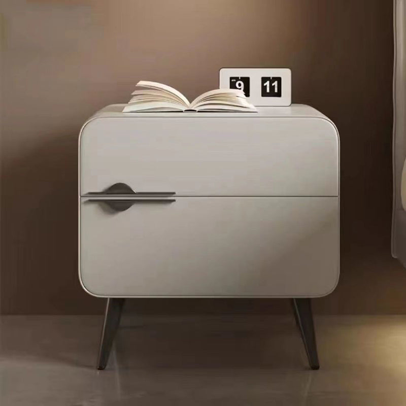 Contemporary Scandinavian Microfiber Leather Carbon Steel Solid Wood Metal Rounded Square Cylindrical Nightstand With 2 Drawers For Bedroom