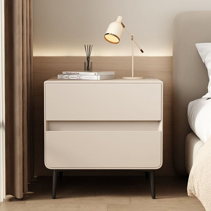 Modern Luxury Faux Leather Pine Wood Metal Cylindrical Square Nightstand With 2 Drawers For Bedroom