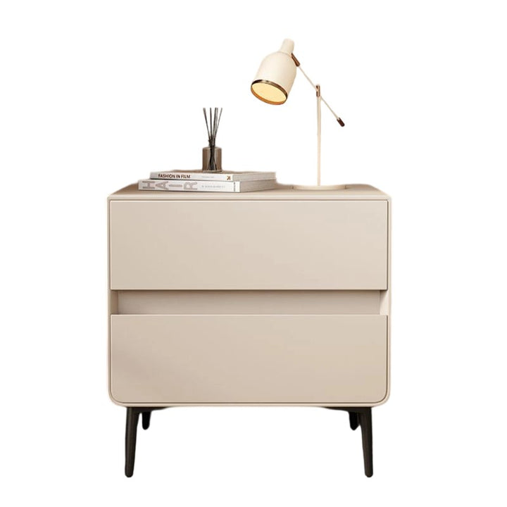 Table de chevet cylindrique carré en bois massif et métal avec cuir synthétique de luxe moderne avec 2 tiroirs pour chambre à coucher 