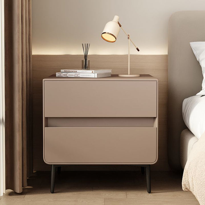 Table de chevet cylindrique carré en bois massif et métal avec cuir synthétique de luxe moderne avec 2 tiroirs pour chambre à coucher 