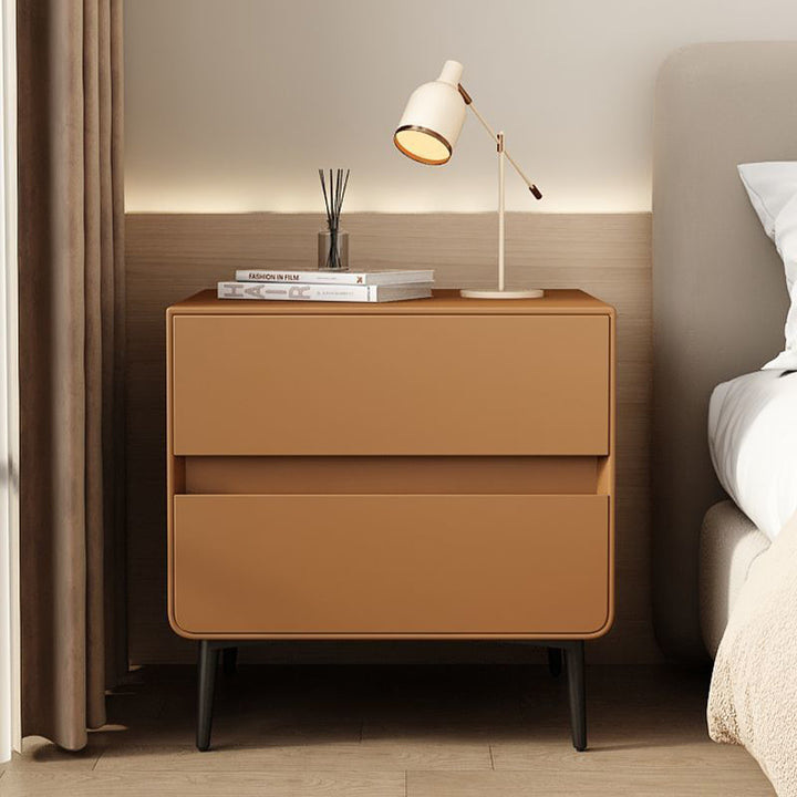 Table de chevet cylindrique carré en bois massif et métal avec cuir synthétique de luxe moderne avec 2 tiroirs pour chambre à coucher 
