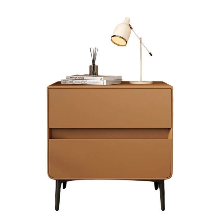 Table de chevet cylindrique carré en bois massif et métal avec cuir synthétique de luxe moderne avec 2 tiroirs pour chambre à coucher 