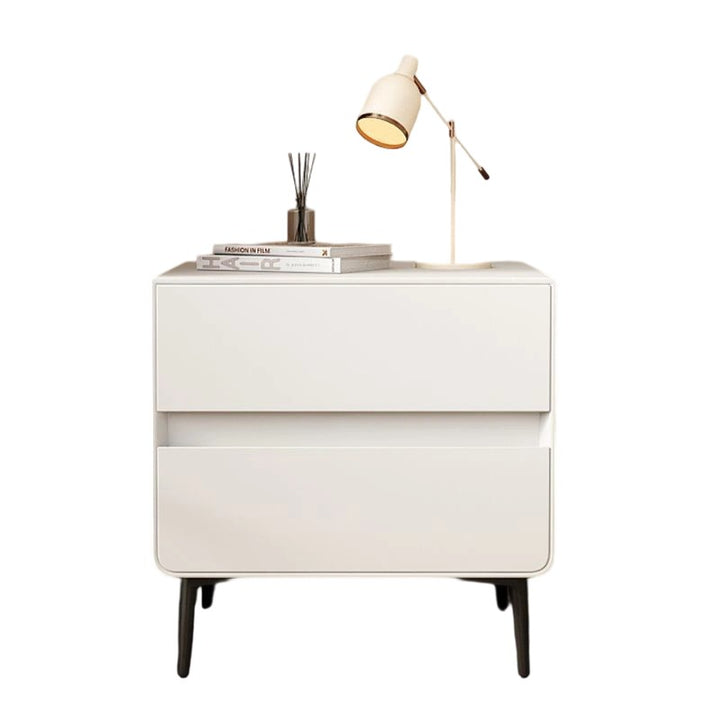 Table de chevet cylindrique carré en bois massif et métal avec cuir synthétique de luxe moderne avec 2 tiroirs pour chambre à coucher 