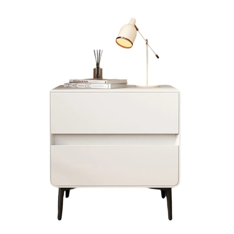 Modern Luxury Faux Leather Solid Wood Metal Cylindrical Square Nightstand With 2 Drawers For Bedroom