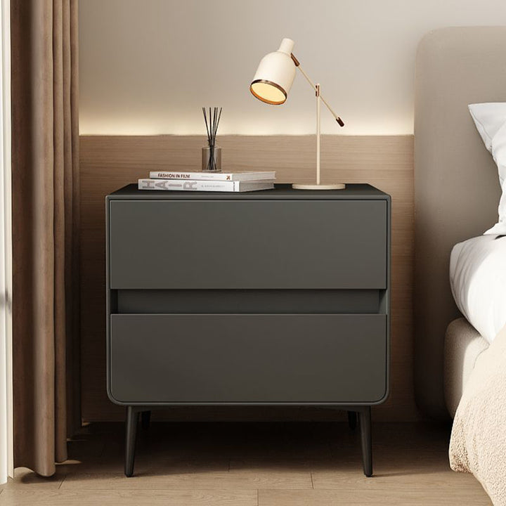 Table de chevet cylindrique carré en bois massif et métal avec cuir synthétique de luxe moderne avec 2 tiroirs pour chambre à coucher 