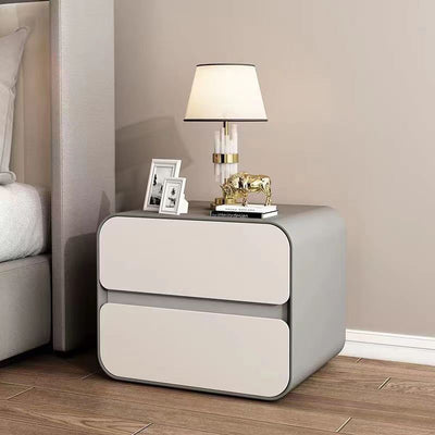 Modern Minimalist Microfiber Leather Solid Wood Curved Square Nightstand With 2 Drawers For Bedroom