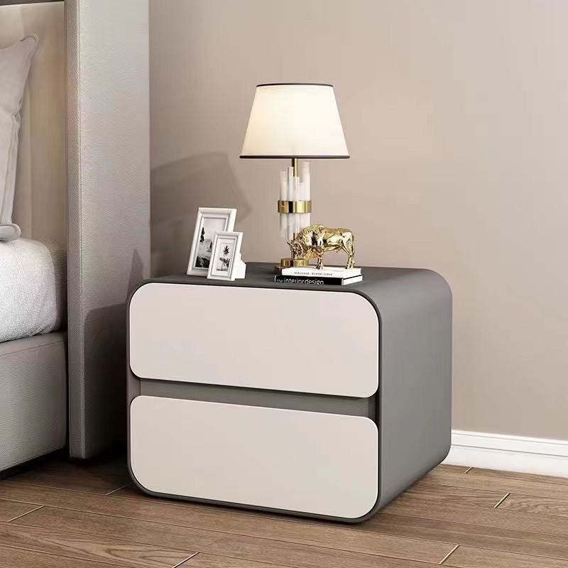 Modern Minimalist Microfiber Leather Solid Wood Curved Square Nightstand With 2 Drawers For Bedroom