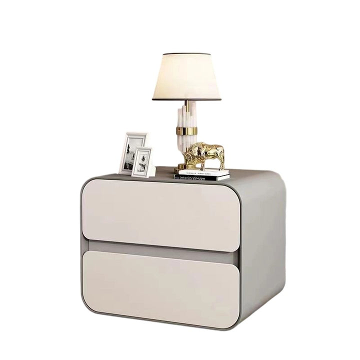 Modern Minimalist Microfiber Leather Solid Wood Curved Square Nightstand With 2 Drawers For Bedroom