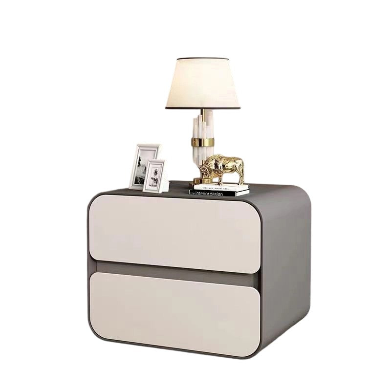 Modern Minimalist Microfiber Leather Solid Wood Curved Square Nightstand With 2 Drawers For Bedroom