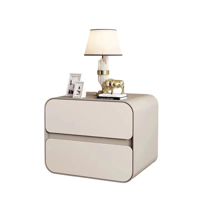 Modern Minimalist Microfiber Leather Solid Wood Curved Square Nightstand With 2 Drawers For Bedroom