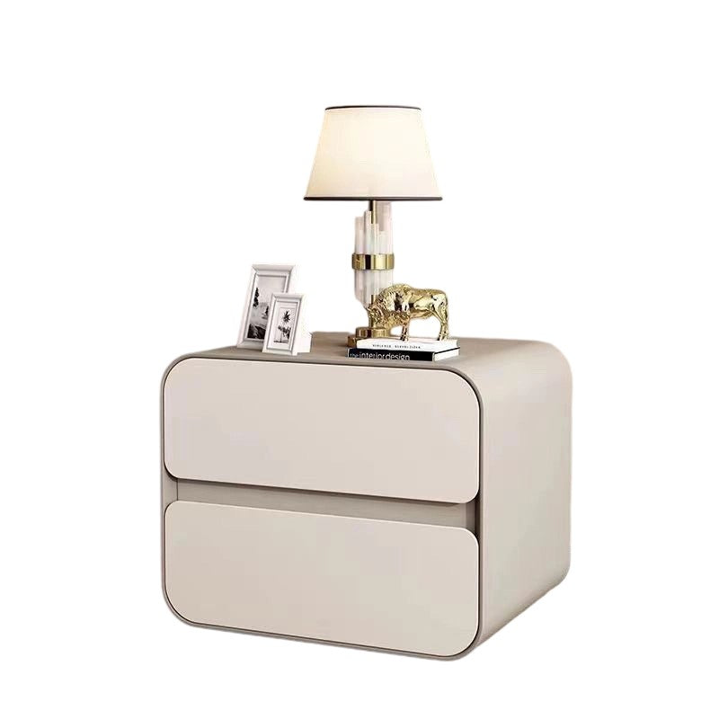 Modern Minimalist Microfiber Leather Solid Wood Curved Square Nightstand With 2 Drawers For Bedroom