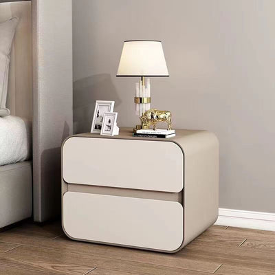 Modern Minimalist Microfiber Leather Solid Wood Curved Square Nightstand With 2 Drawers For Bedroom