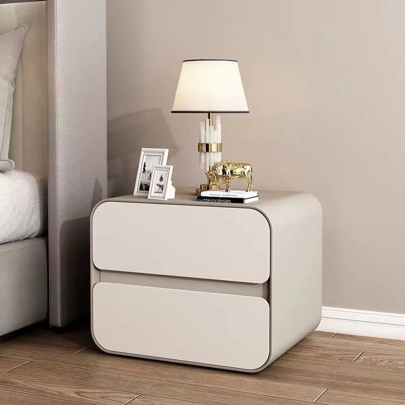Modern Minimalist Microfiber Leather Solid Wood Curved Square Nightstand With 2 Drawers For Bedroom