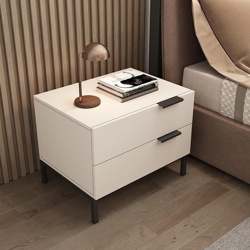 Modern Minimalist Solid Wood Carbon Steel Metal Square Rectangular Nightstand With 2 Drawers For Bedroom