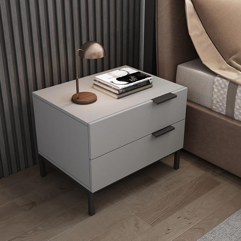 Modern Minimalist Solid Wood Carbon Steel Metal Square Rectangular Nightstand With 2 Drawers For Bedroom