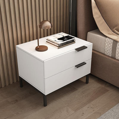 Modern Minimalist Solid Wood Carbon Steel Metal Square Rectangular Nightstand With 2 Drawers For Bedroom