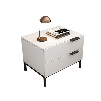 Modern Minimalist Solid Wood Carbon Steel Metal Square Rectangular Nightstand With 2 Drawers For Bedroom
