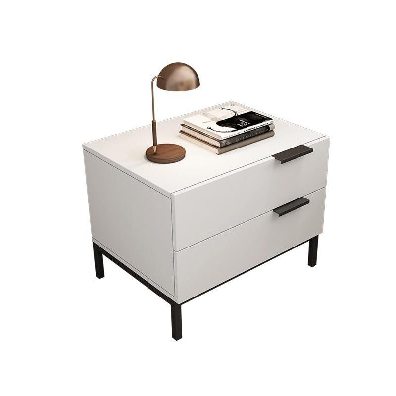 Modern Minimalist Solid Wood Carbon Steel Metal Square Rectangular Nightstand With 2 Drawers For Bedroom