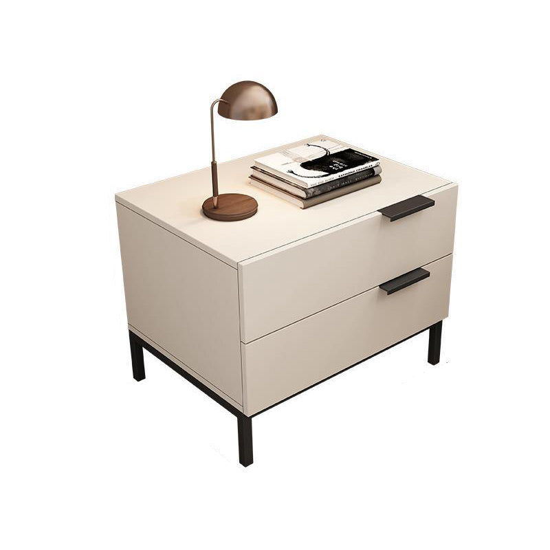 Modern Minimalist Solid Wood Carbon Steel Metal Square Rectangular Nightstand With 2 Drawers For Bedroom