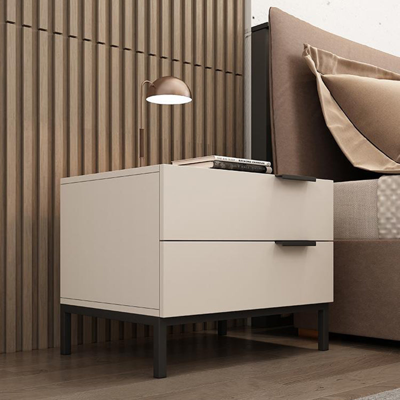 Modern Minimalist Solid Wood Carbon Steel Metal Square Rectangular Nightstand With 2 Drawers For Bedroom