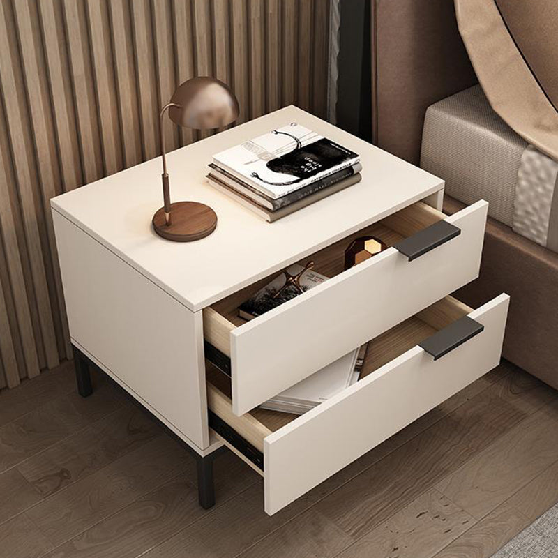 Modern Minimalist Solid Wood Carbon Steel Metal Square Rectangular Nightstand With 2 Drawers For Bedroom