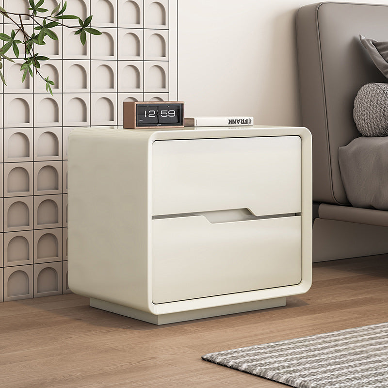 Contemporary Scandinavian Solid Wood Metal Rounded Rectangular Nightstand With 2 Drawers For Bedroom