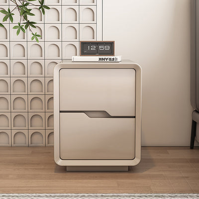 Contemporary Scandinavian Solid Wood Metal Rounded Rectangular Nightstand With 2 Drawers For Bedroom