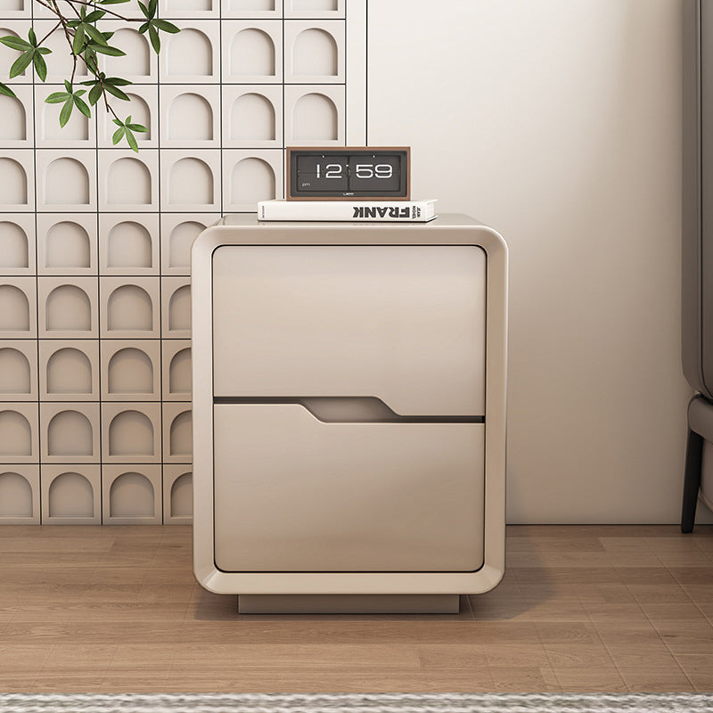 Contemporary Scandinavian Solid Wood Metal Rounded Rectangular Nightstand With 2 Drawers For Bedroom