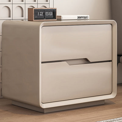 Contemporary Scandinavian Solid Wood Metal Rounded Rectangular Nightstand With 2 Drawers For Bedroom