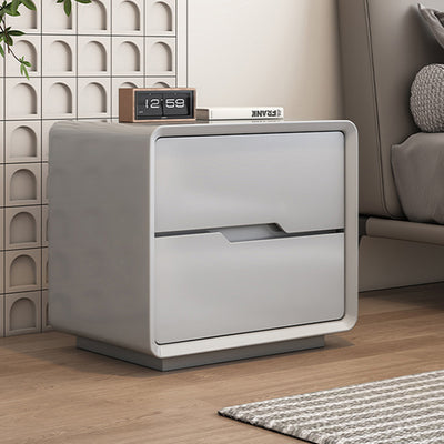 Contemporary Scandinavian Solid Wood Metal Rounded Rectangular Nightstand With 2 Drawers For Bedroom