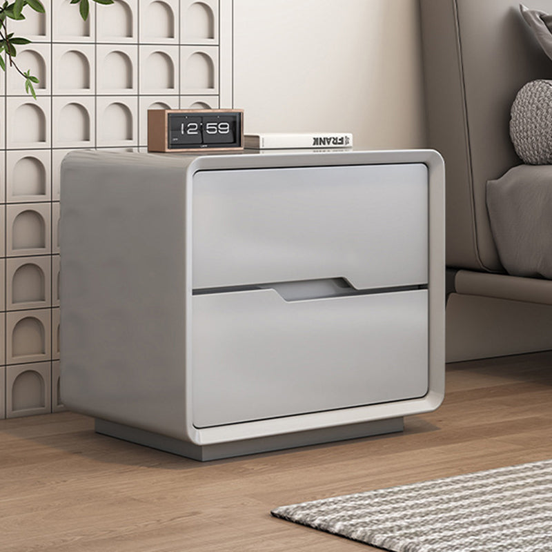Contemporary Scandinavian Solid Wood Metal Rounded Rectangular Nightstand With 2 Drawers For Bedroom
