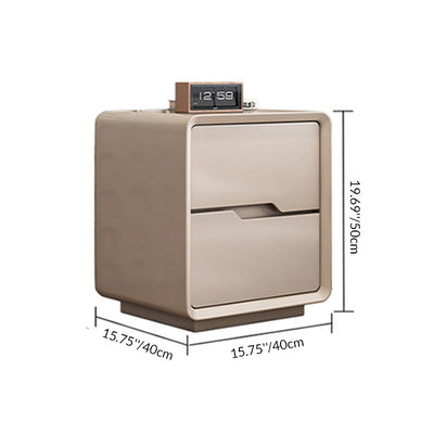 Contemporary Scandinavian Solid Wood Metal Rounded Rectangular Nightstand With 2 Drawers For Bedroom