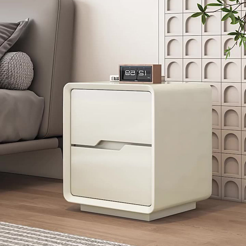 Contemporary Scandinavian Solid Wood Metal Rounded Rectangular Nightstand With 2 Drawers For Bedroom