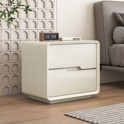 Contemporary Scandinavian Solid Wood Metal Rounded Rectangular Nightstand With 2 Drawers For Bedroom