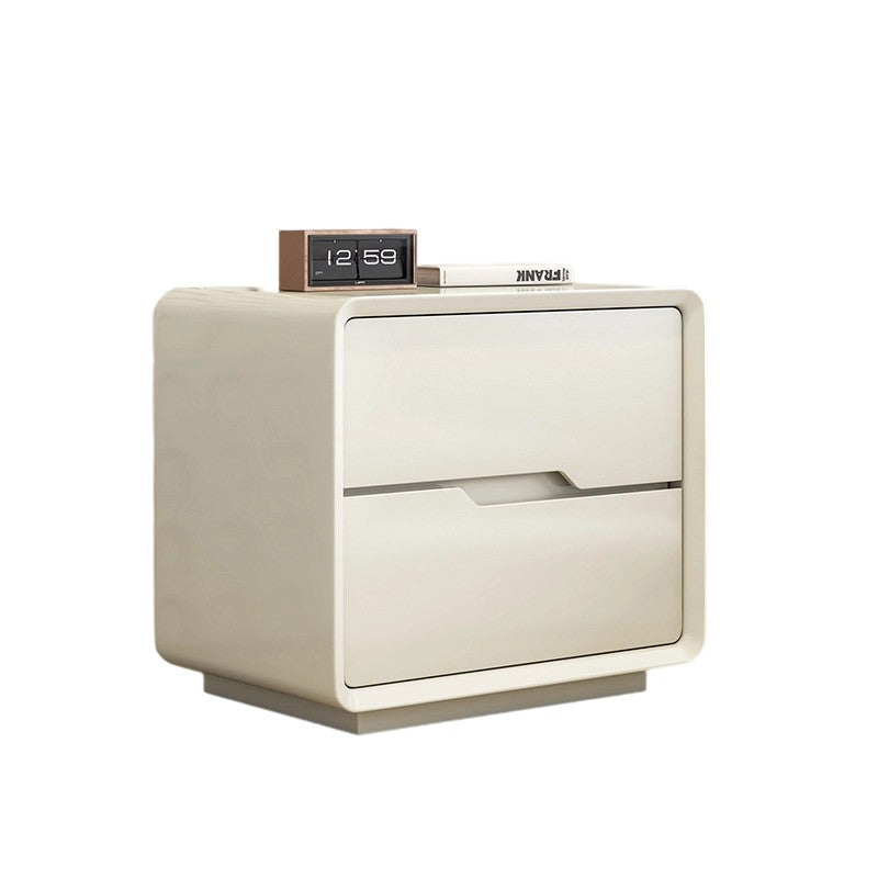Contemporary Scandinavian Solid Wood Metal Rounded Rectangular Nightstand With 2 Drawers For Bedroom