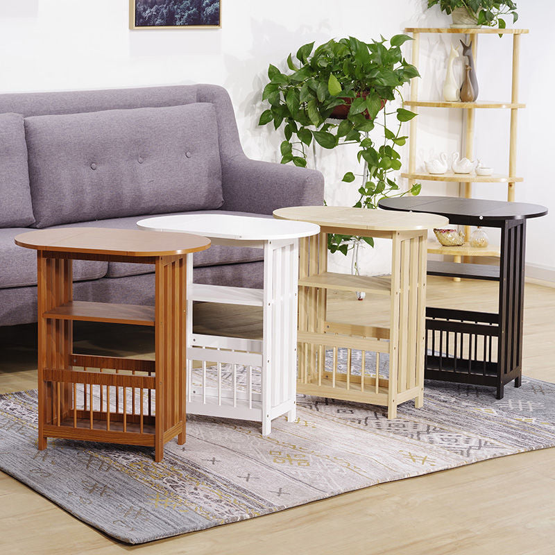 Mesa auxiliar contemporánea escandinava de madera y metal plegable ovalada rectangular de 2 niveles para sala de estar 