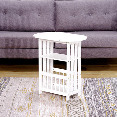 Mesa auxiliar contemporánea escandinava de madera y metal plegable ovalada rectangular de 2 niveles para sala de estar 
