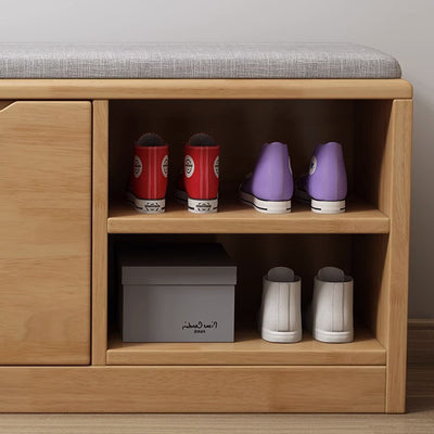 Zeitgenössisches skandinavisches Schuhregal aus massivem Holz mit Stoff und Eisen, rechteckig, 2-stufig, für das Wohnzimmer 
