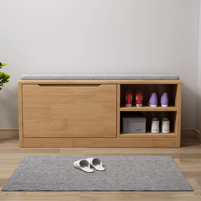 Zeitgenössisches skandinavisches Schuhregal aus massivem Holz mit Stoff und Eisen, rechteckig, 2-stufig, für das Wohnzimmer 