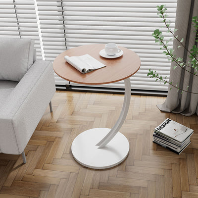 Zeitgenössischer kreativer Tisch aus Holzwerkstoff mit Kohlenstoffstahl, runder gebogener Beistelltisch 1-stufig für Wohnzimmer 