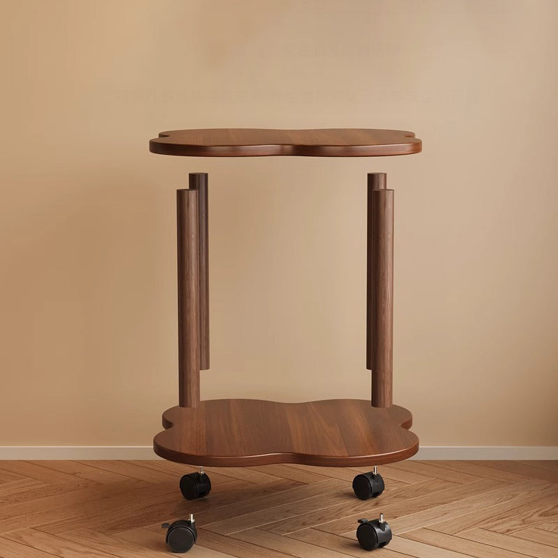 Mesa Auxiliar de 2 Niveles en Forma de Trébol de Madera Maciza de Fibra de Densidad Media de Estilo Vintage Tradicional para Sala de Estar 