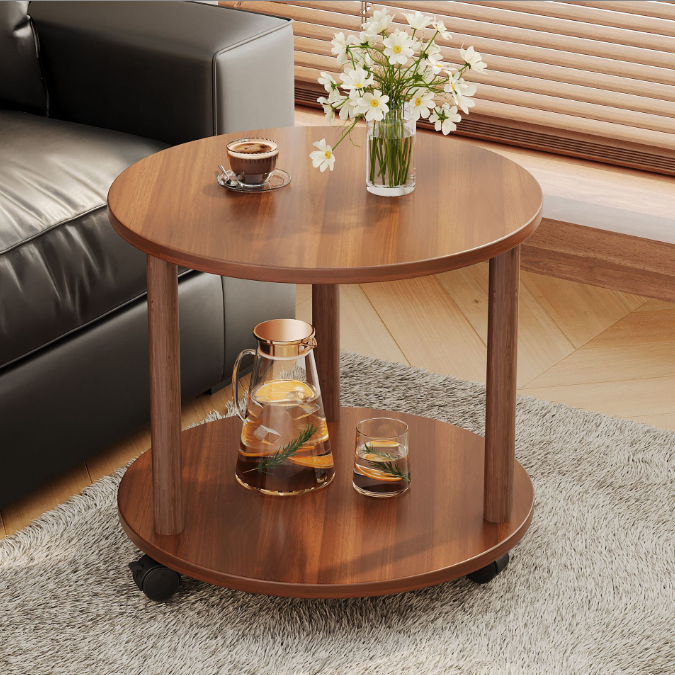 Modern Minimalist Medium-Density Fiberboard Solid Wood Round Cylindrical Side Table 2-Tier For Living Room