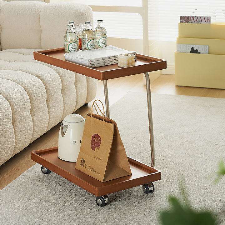 Traditioneller Vintage-Couchtisch aus massivem Holz und Edelstahl in C-Form mit rechteckiger 2-stufiger Ablage für das Wohnzimmer 