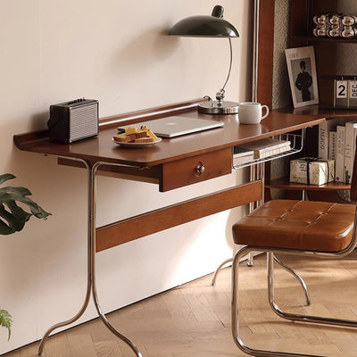 Traditioneller Mid-Century Kirschholz Edelstahl Y-förmiger rechteckiger Schreibtisch 1-stufig für das Schlafzimmer 