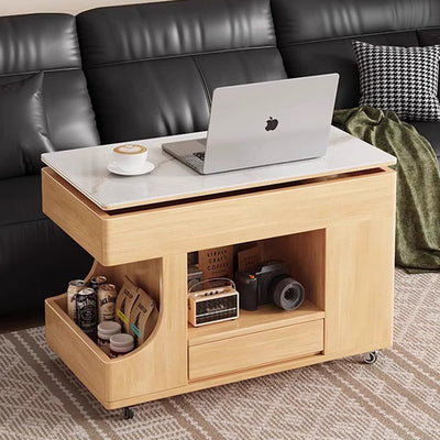 Mesa auxiliar móvil rectangular contemporánea escandinava de madera maciza, piedra y metal con 2 gabinetes para sala de estar 
